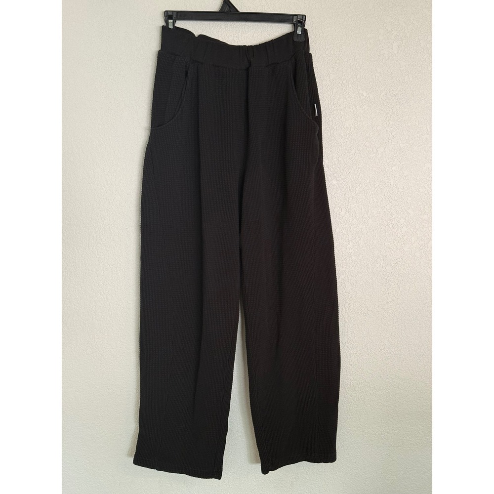 Le Bon Shoppe Black Waffle Knit Cotton Wide Leg Lounge Pants Medium